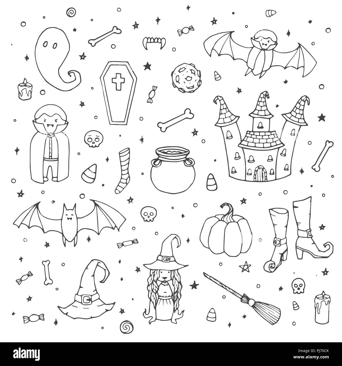 Vektor Halloween set mit Kürbisse, Geister, Vampire, Hexe, Hut, Besen, Kessel, Haus, Fledermäuse, Knochen, Schädeln und Süßigkeitmais Umrisse in Skizze Stil. Uhr Stock Vektor