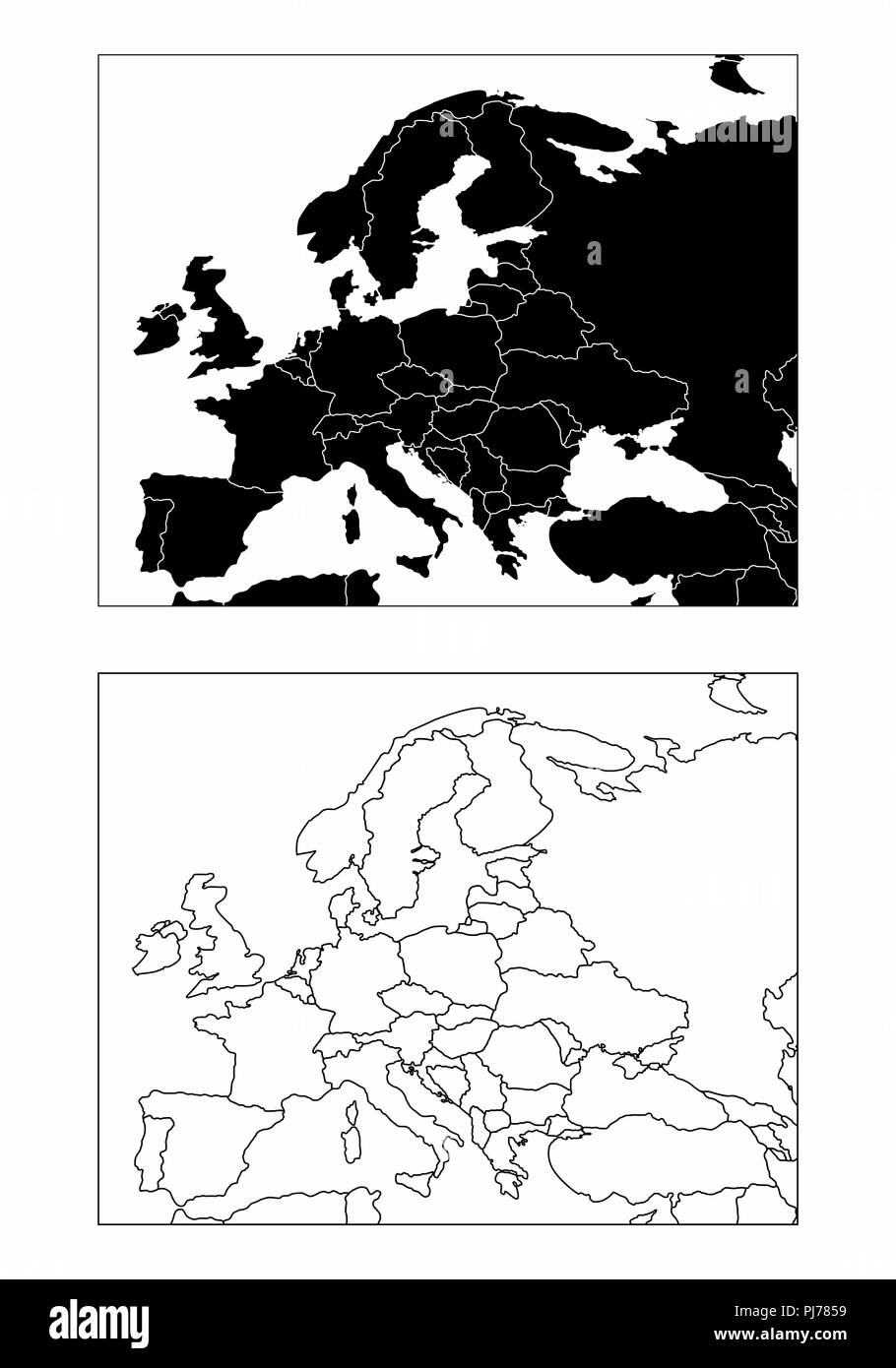 Vereinfachte Karten von Europa mit Ländern Grenzen. Schwarze und weiße Umrisse. Stock Vektor