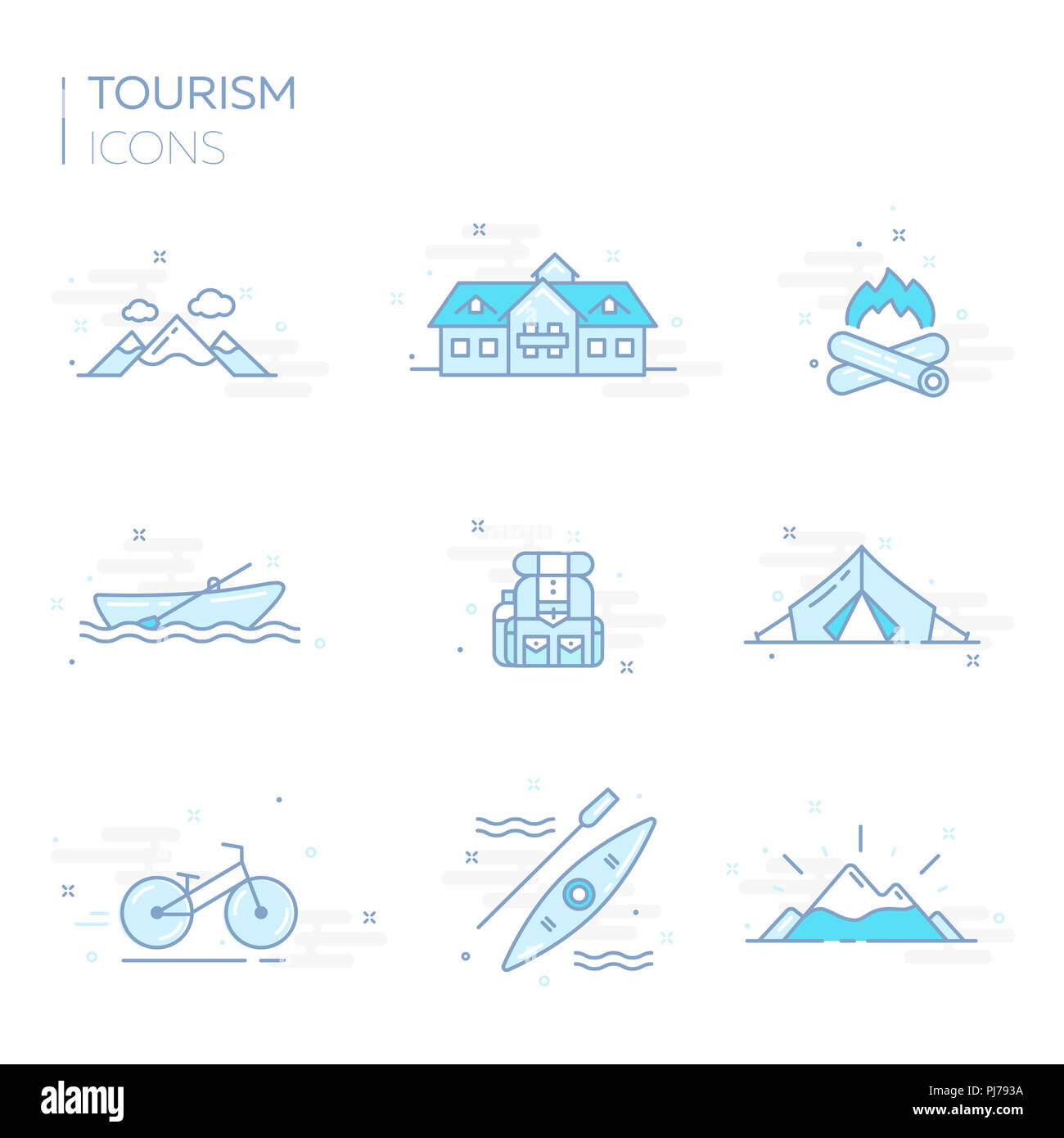 Mit dem Tourismus Flat Style Icons. Eps 10 Vector Illustration. Stockfoto