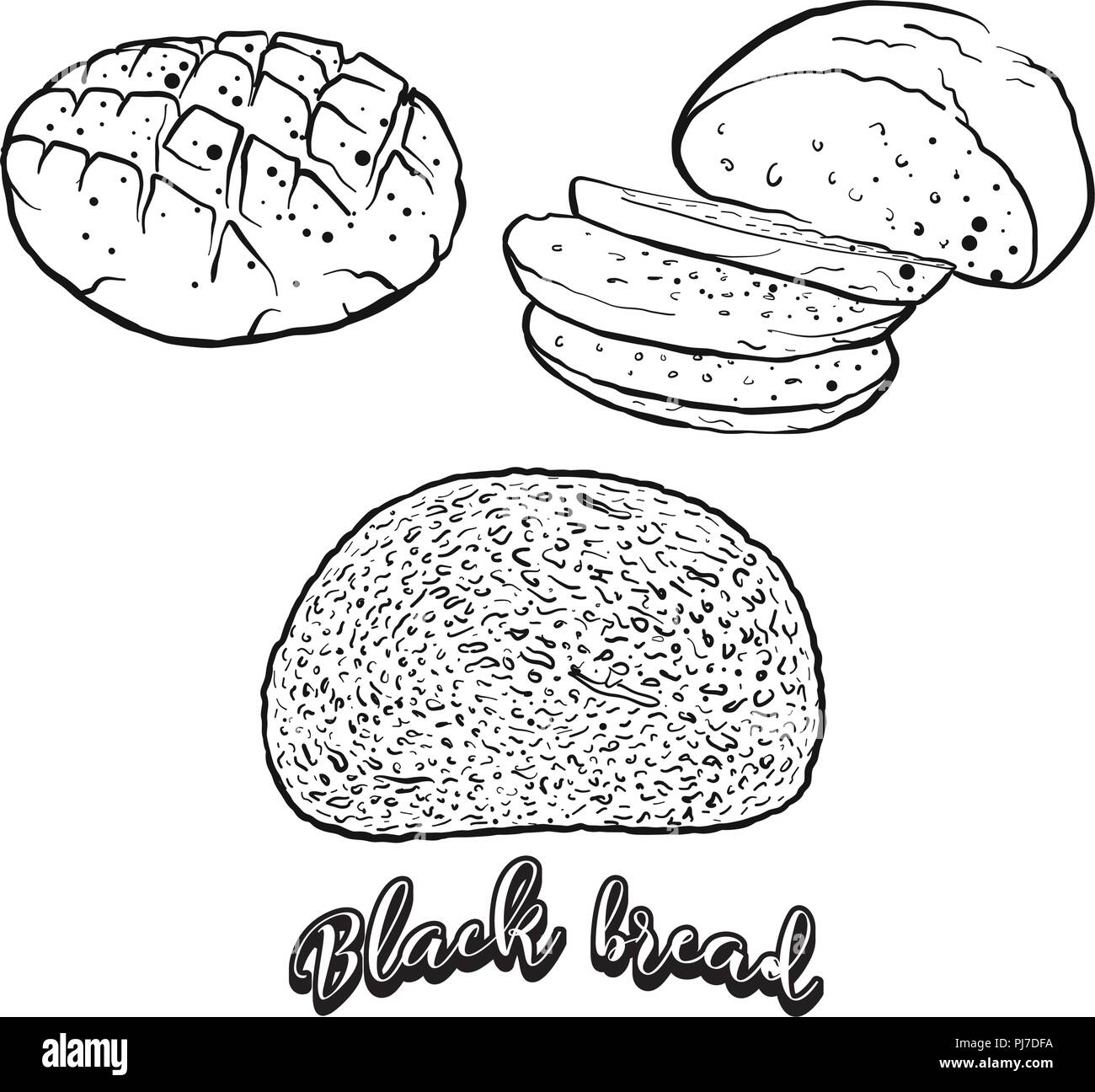 Hand gezeichnete Skizze von dem Schwarzen Brot Brot. Vektor Zeichnung von Roggenbrot essen, in der Regel in Europa bekannt. Brot Abbildung Serie. Stock Vektor