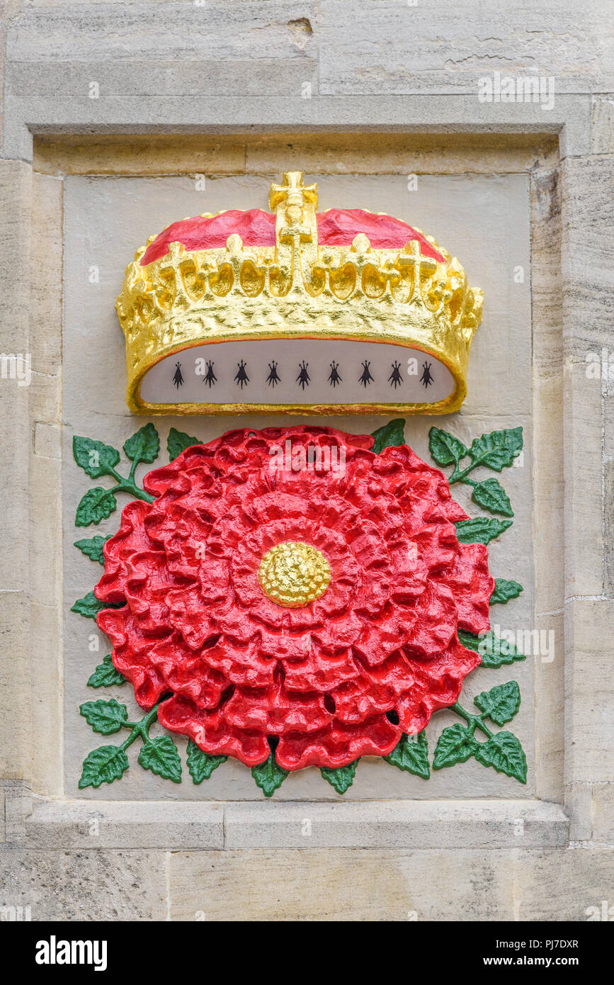 Rote Rose, ein frisch lackiert Royal tudor Emblem um die Statue von Lady Margaret Beaufort, Gründerin, die Christus College der Universität Cambridge Stockfoto