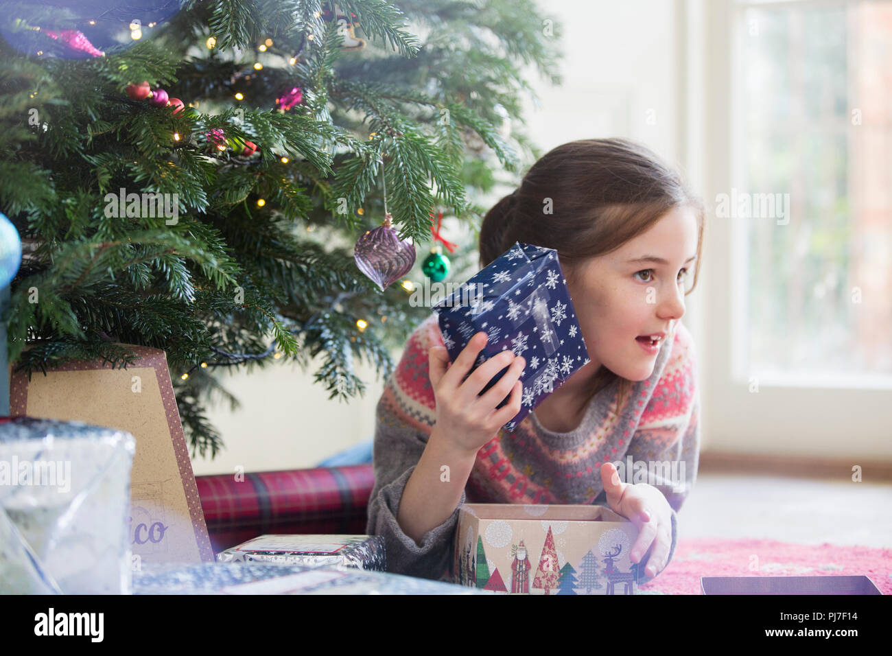 Neugierige Mädchen schütteln Weihnachtsgeschenk Stockfoto