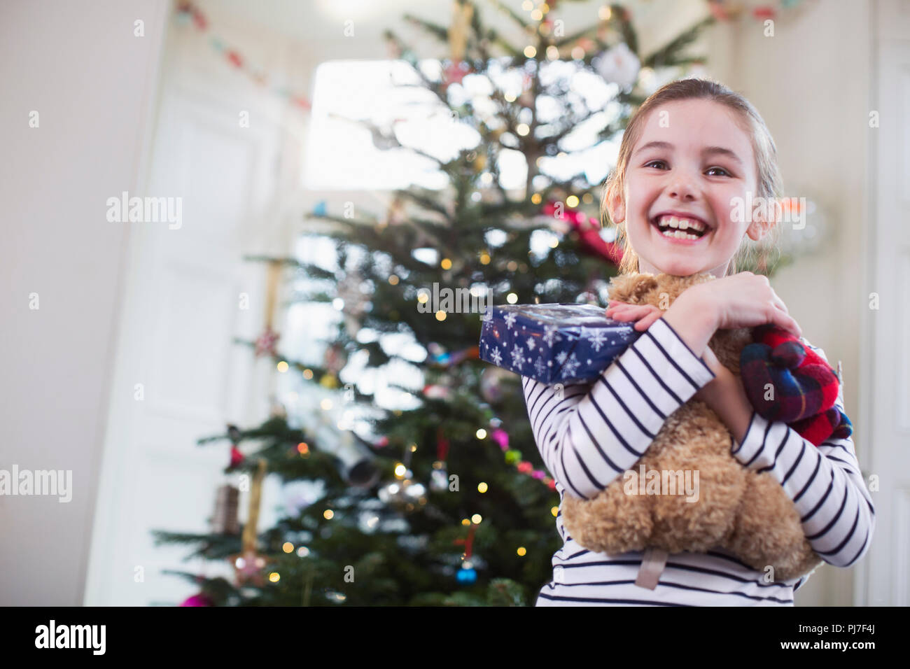 Porträt Lächeln, süße Mädchen umarmt Teddybär vor Weihnachtsbaum Stockfoto