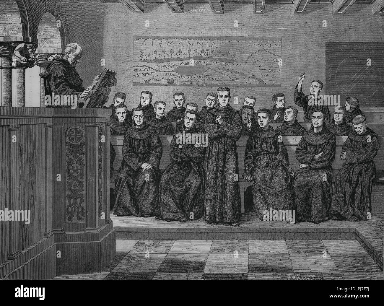 Karolingische Zeitalter. Deutschland. Benediktinerkloster. Klosterschule. Frühes Mittelalter. Gravur, 1882. Stockfoto