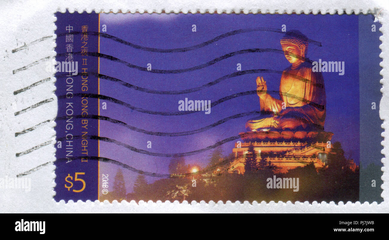 GOMEL, BELARUS, 19. AUGUST 2017, Stempel in Hongkong, China zeigt ein Bild von Buddha, ca. 2018. Stockfoto
