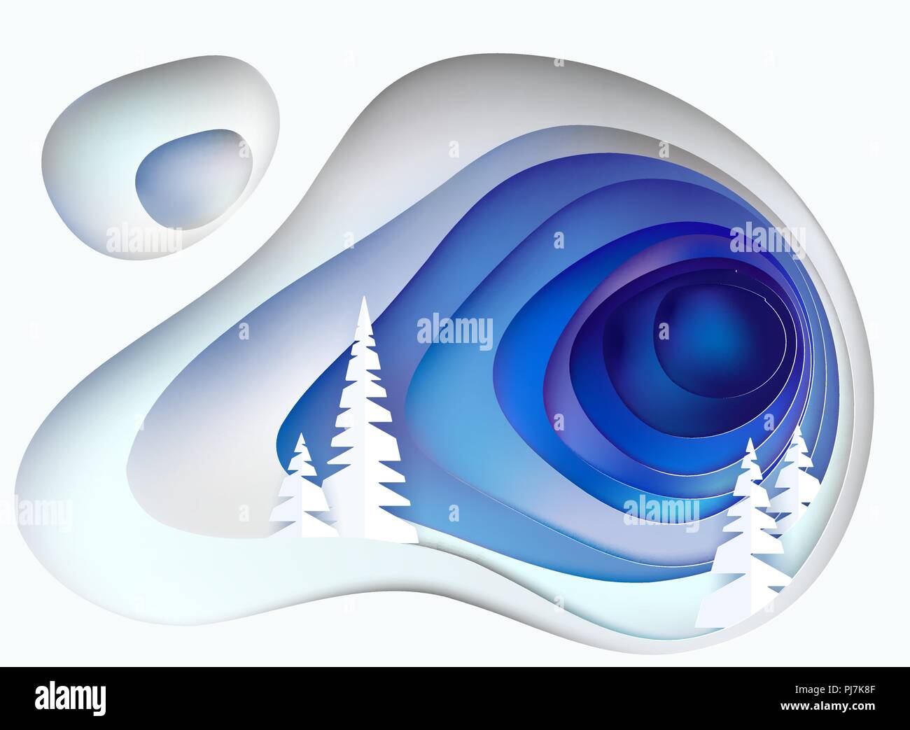 Weihnachtskarte. Verschneite Hügel mit Fell Bäume. Winter Papier schneiden Handwerk Design. Vector Illustration Stock Vektor
