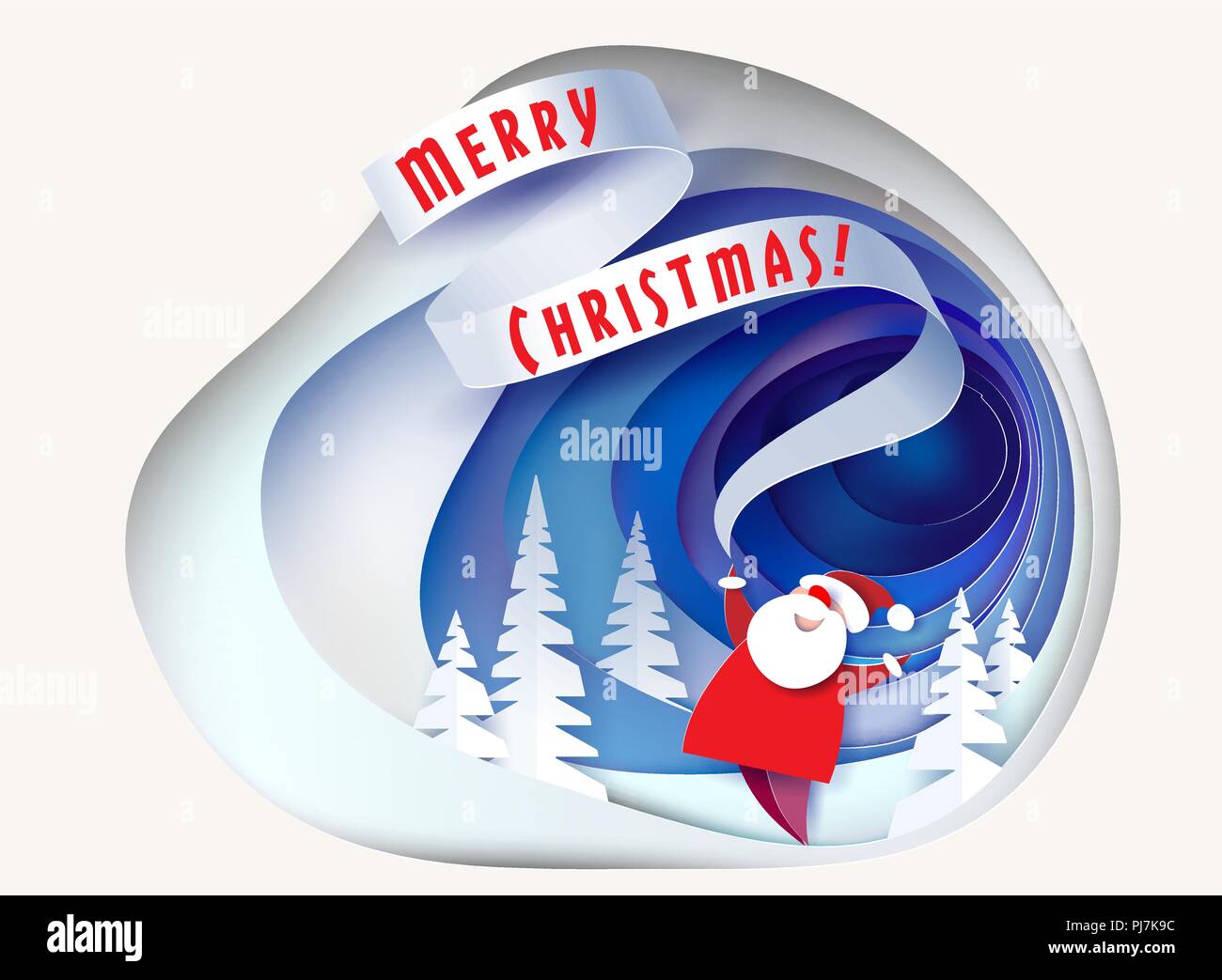 Weihnachtskarte. Santa Claus auf verschneiten Hügel mit Bäumen. Winter Papier schneiden Handwerk Design. Vector Illustration Stock Vektor