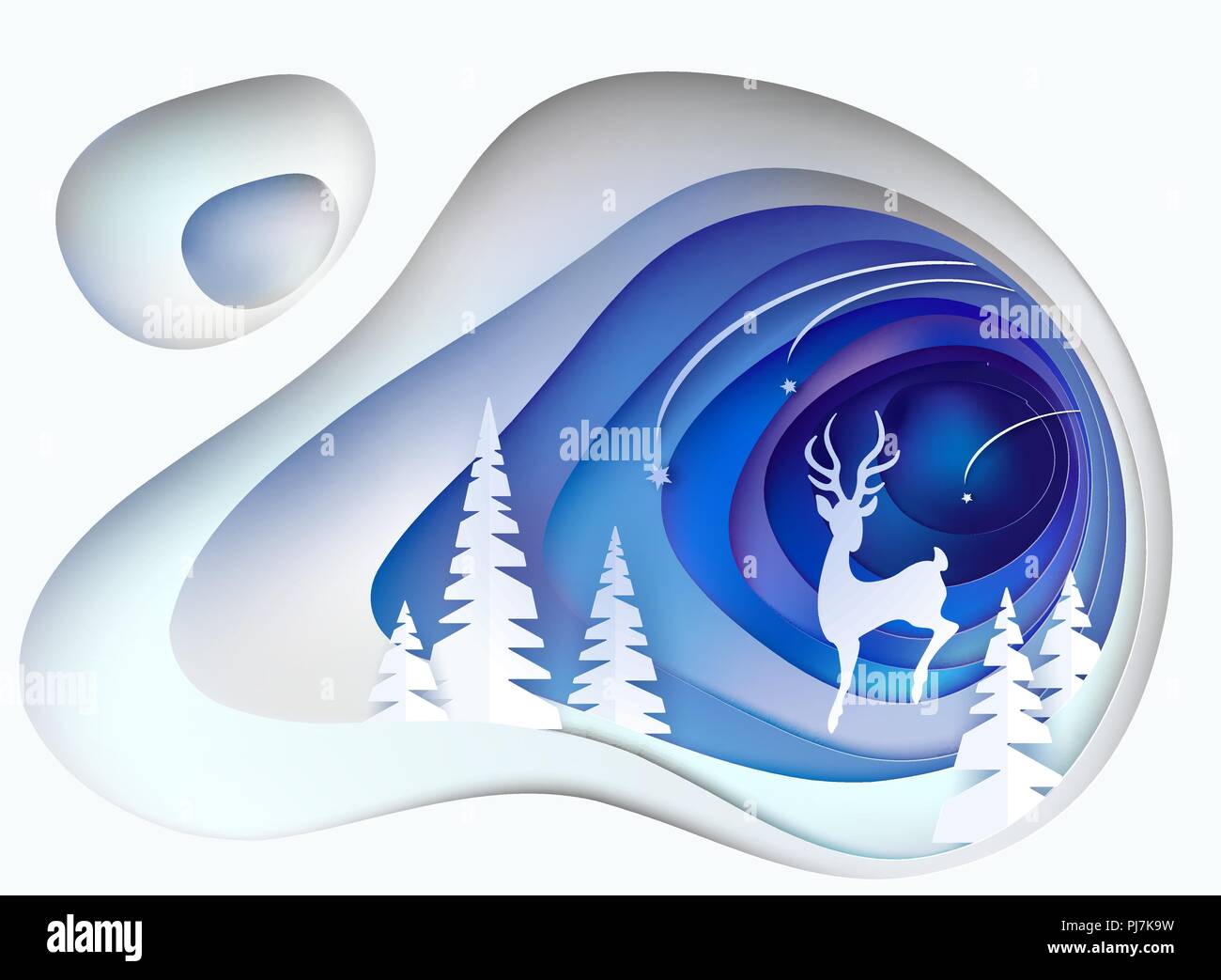 Weihnachtskarte. Verschneite Hügel mit Fell Bäume und Hirsche. Winter Papier schneiden Handwerk Design. Vector Illustration Stock Vektor