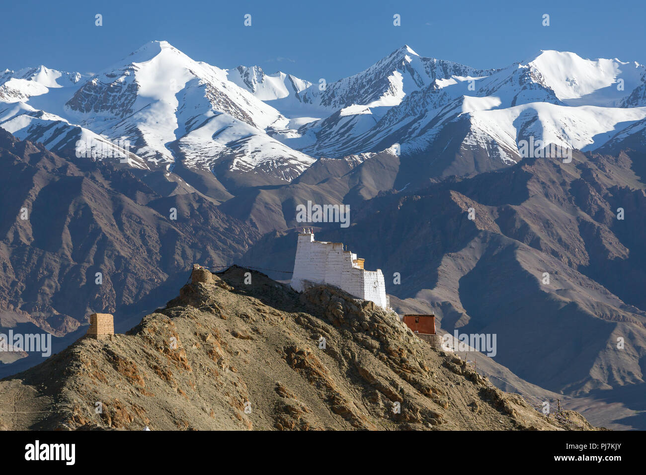 Tsemo Maitreya Tempel mit Großen Himalaya im Hintergrund in Leh, Ladakh, Indien Stockfoto
