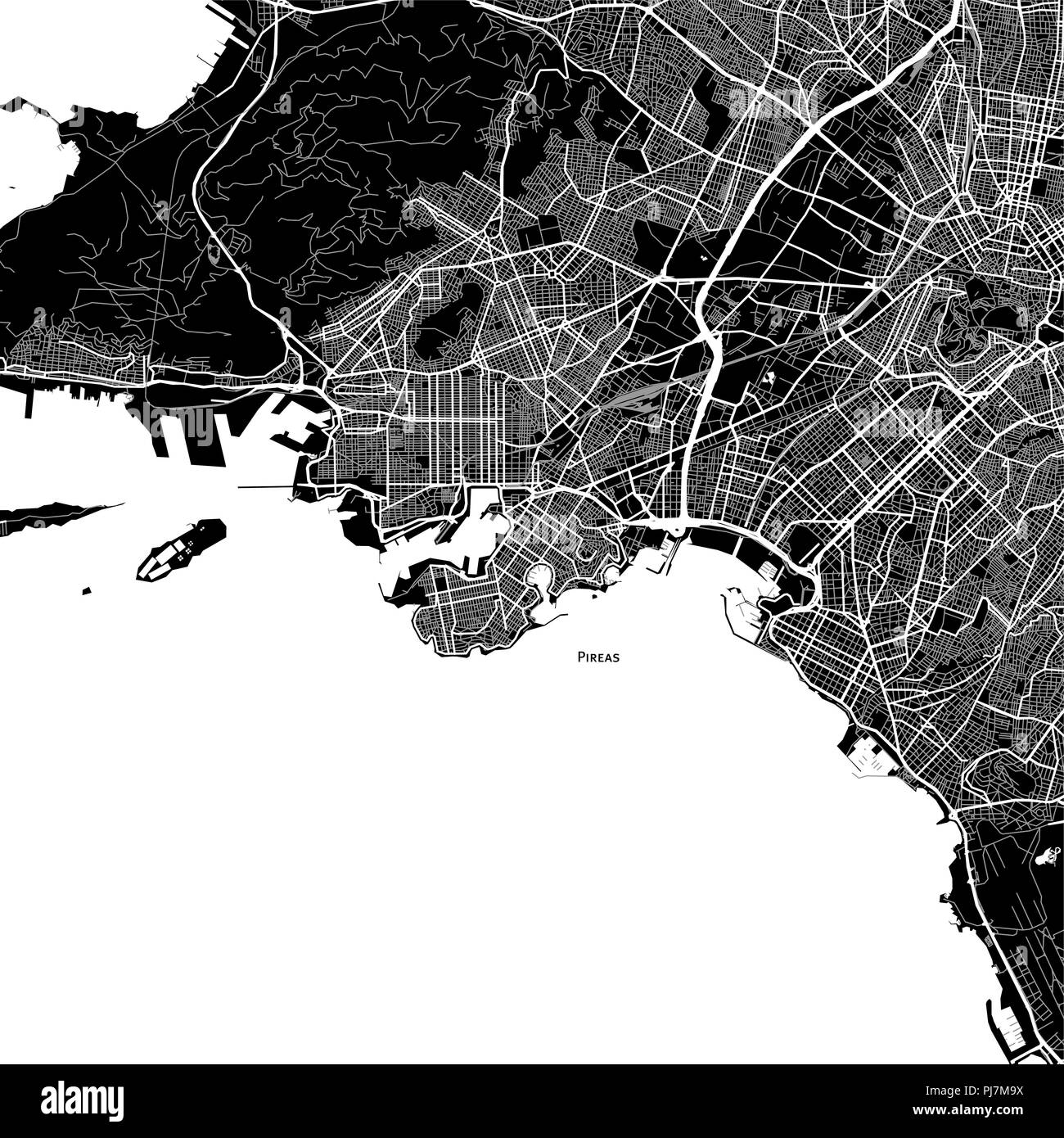 Lageplan von Pireas, Griechenland. Der dunkle Hintergrund Version für Infografik und Marketing Projekte. Stockfoto
