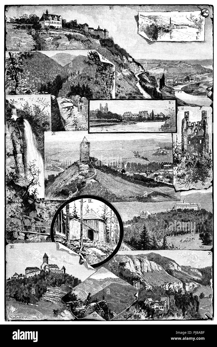 Thüringen: Collage. 1. Unstruttal in Ehrenburg, 2. Dornburg, 3. Schwarzatal (Blick vom Katzenstein nach Werra), 4 Schloss Kitzerstein in Saalfeld, 5. Sorben Schloss, 6 Wasserfall in Drusental, 7 Panorama von der Pack Schloss, 8. Schloss Schwarzenburg 9 Goethehäüschen auf kickelhahn 10 Leuchtenburg 12 Griesbach Felsen in Schwarztal; Thüringen: Collage. 1. Unstruttal in der Nähe von Erenburg, 2. Dornburg, 3. Schwarzatal (Blick vom Katzenstein nach dem Werratal), 4. Schloss Kitzerstein in der Nähe von Saalfeld, 5. Sorbenburg, 6. Wasserfall im Drusental, 7. Panorama von der Rudelsburg, 8. Schloss Schwarzburg, Stockfoto