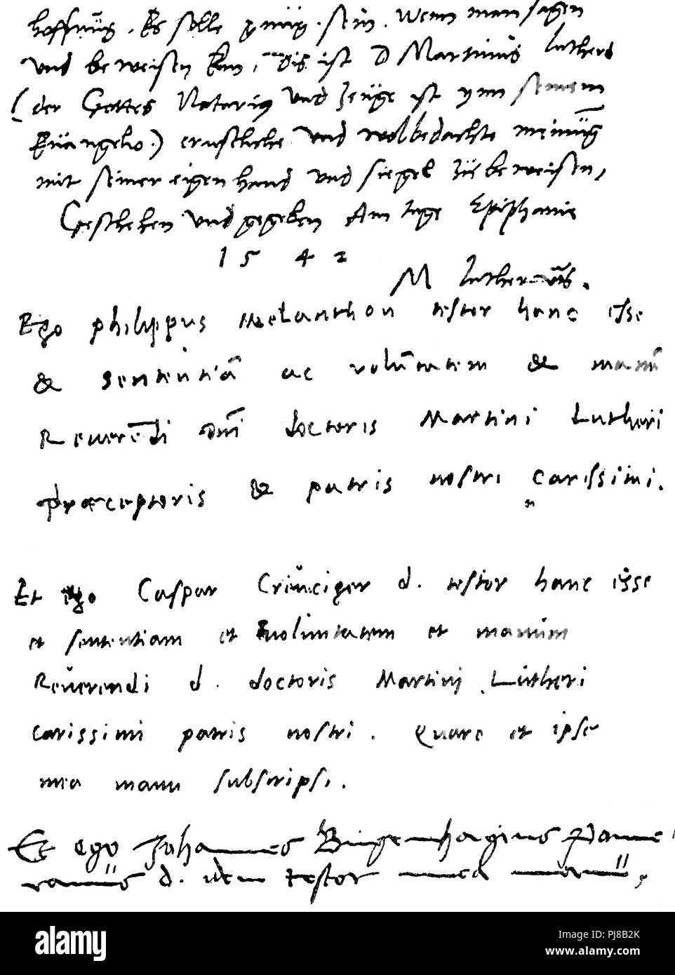 Letzte Seite von Luthers Testament mit den zertifizierten Signaturen von Melanchthon, Bugenhagen., 1881 Stockfoto