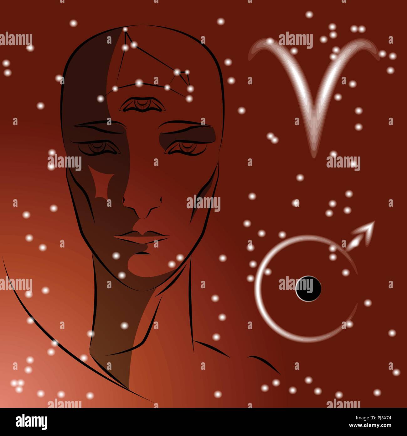 Machen Sternzeichen Widder Madchen Ist Wahrsager Mit Dritten Auge Konstellation Zeichen Des Tierkreis Und Planeten Als Beschutzer Vector Hintergrund Von Sternen Trigo Stock Vektorgrafik Alamy