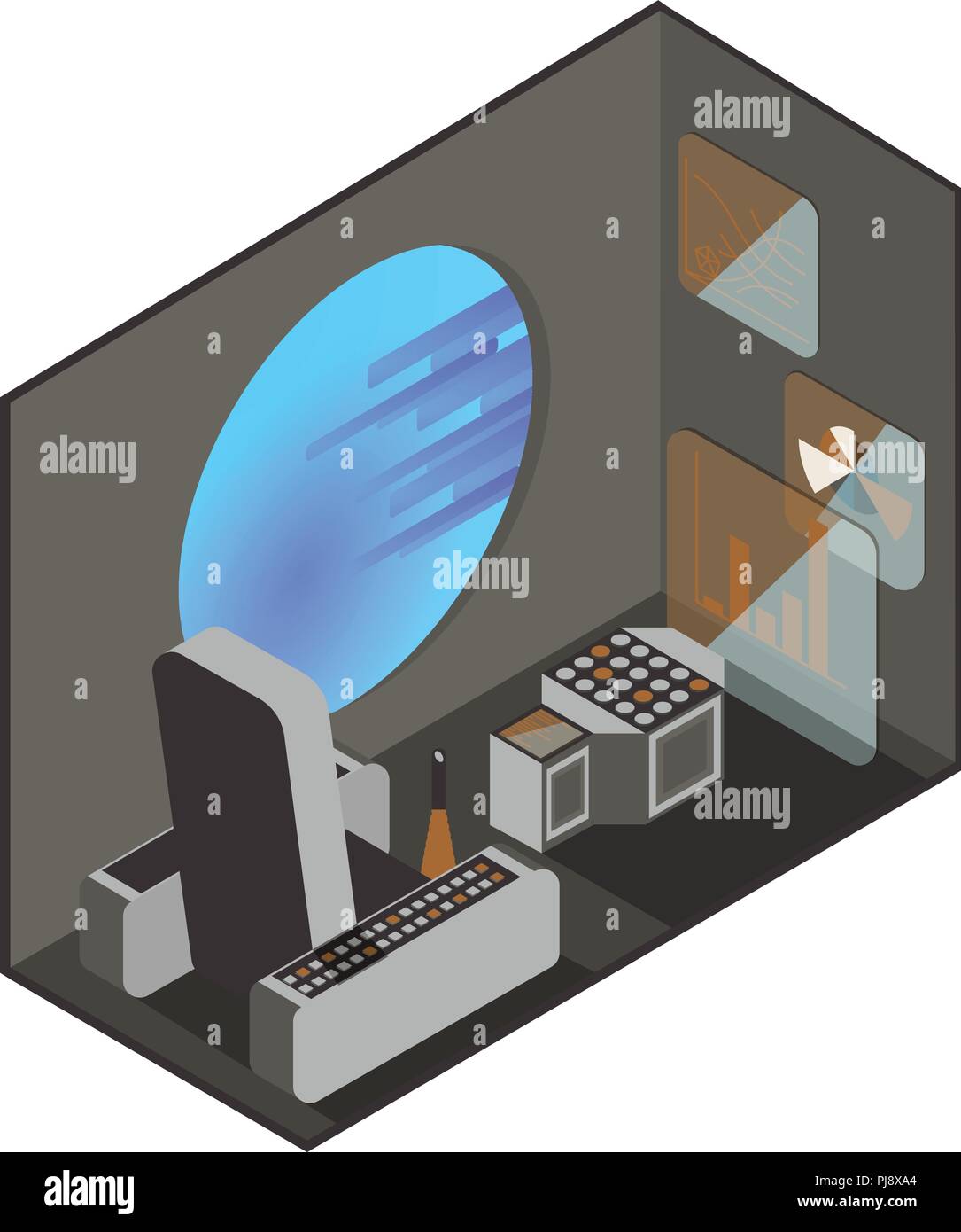 Cabin space shuttle Pilot. Überwachung und Management Schnittstellen. Strahler mit dem Weltraum. Isometrische Projektion. Stock Vektor