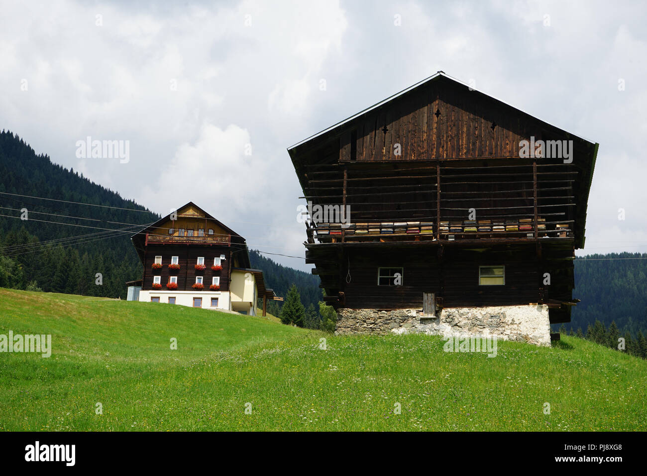 Berghof, Almgebiet, Bergwiesen, Lesachtal, Kärnten, Österreich. Stockfoto