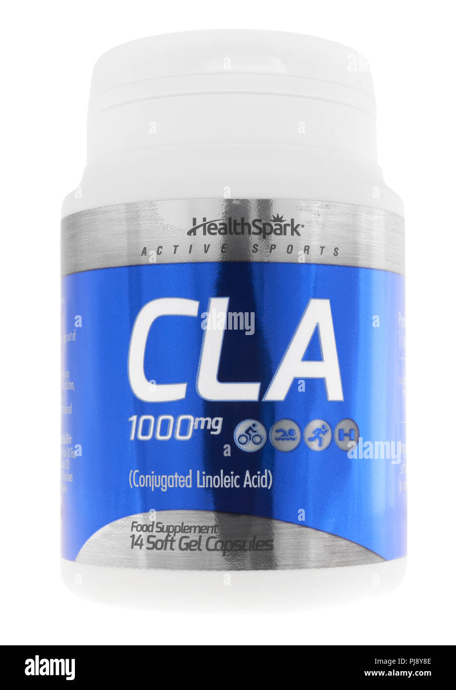 Flasche CLA Kapseln auf weißem Hintergrund Stockfoto