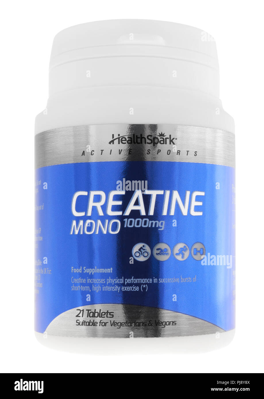 Jar von Creatin Mono Tabletten auf weißem Hintergrund Stockfoto