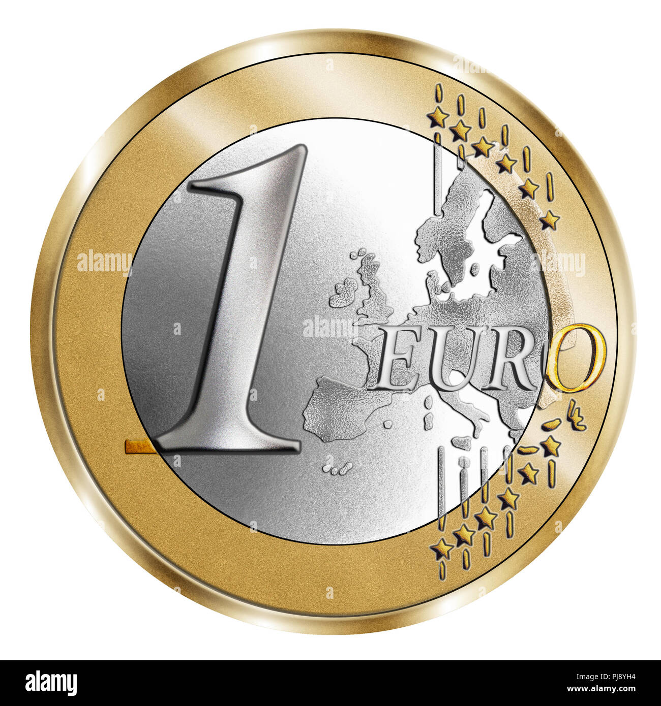 Eine Montage von einem Stilisierten 1 Euro Münze und einen silbernen Hintergrund. Ein Photoshop Composite mit eingelegten Korn betont die lebendige Silber und Gold Stockfoto