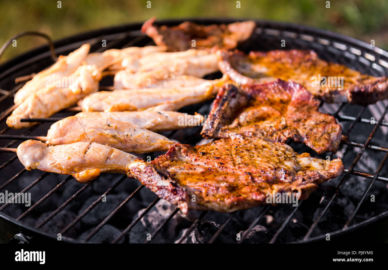 Die schweinekoteletts und hähnchenspieße am Grill zubereitet. Die  Zubereitung von Fleisch und Grillen auf direkte Wärme in der Natur im  Hinterhof BBQ-Picknick Stockfotografie - Alamy