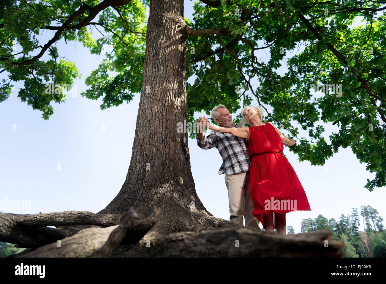 Pflege älterer Mann seine schöne Frau für einen Spaziergang im Park Stockfoto