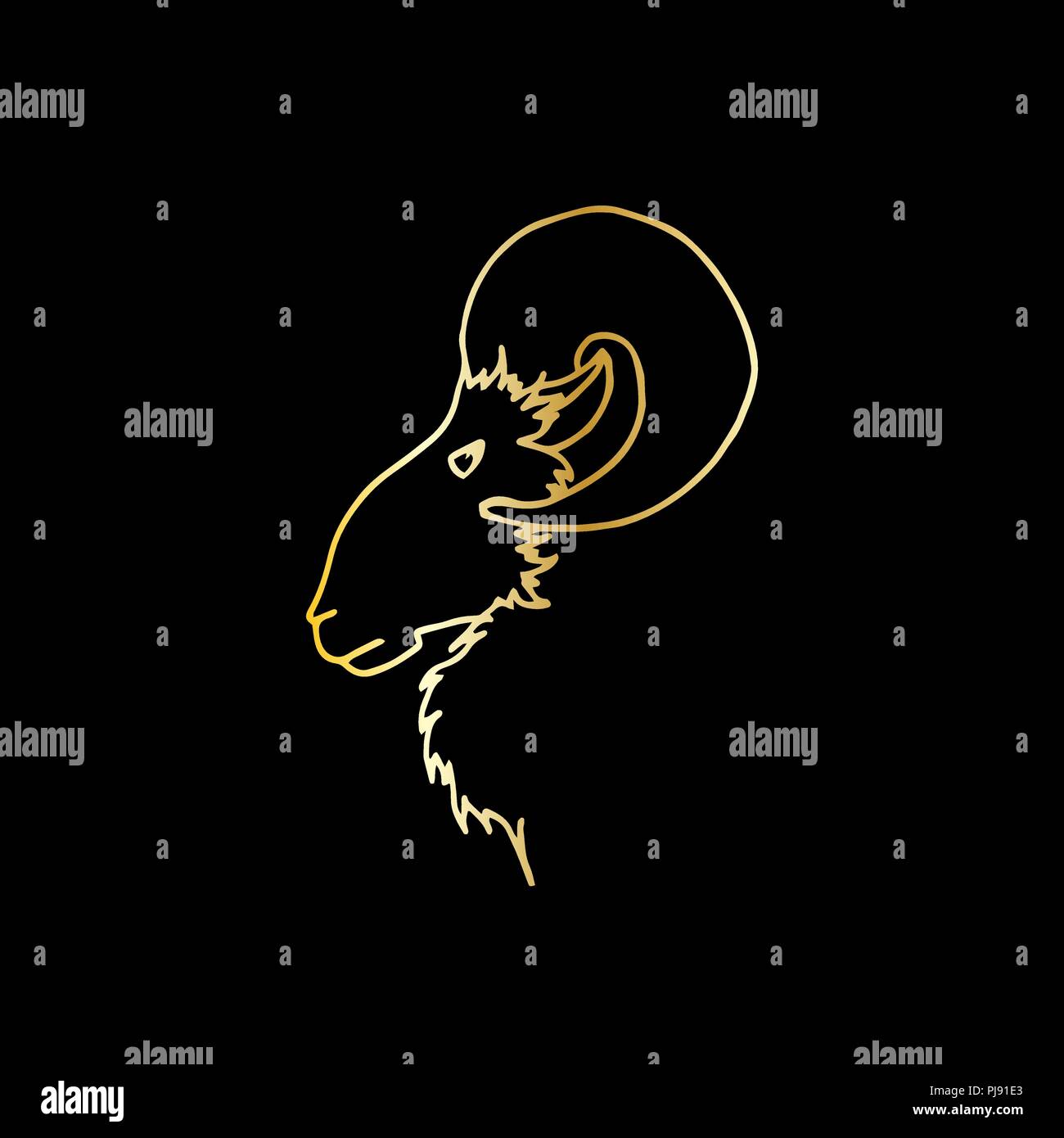 Vector Illustration von Hand zeichnen ram Kopf im Profil. Goldene Skizze Ziege Silhouette Stock Vektor