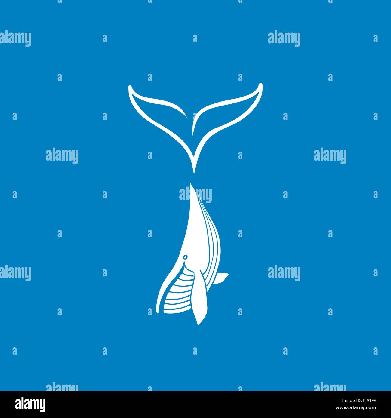 Vector Illustration der weiße Wal mit großen Schwanz logo Typ auf blauem Hintergrund. Wal-Logo Stock Vektor