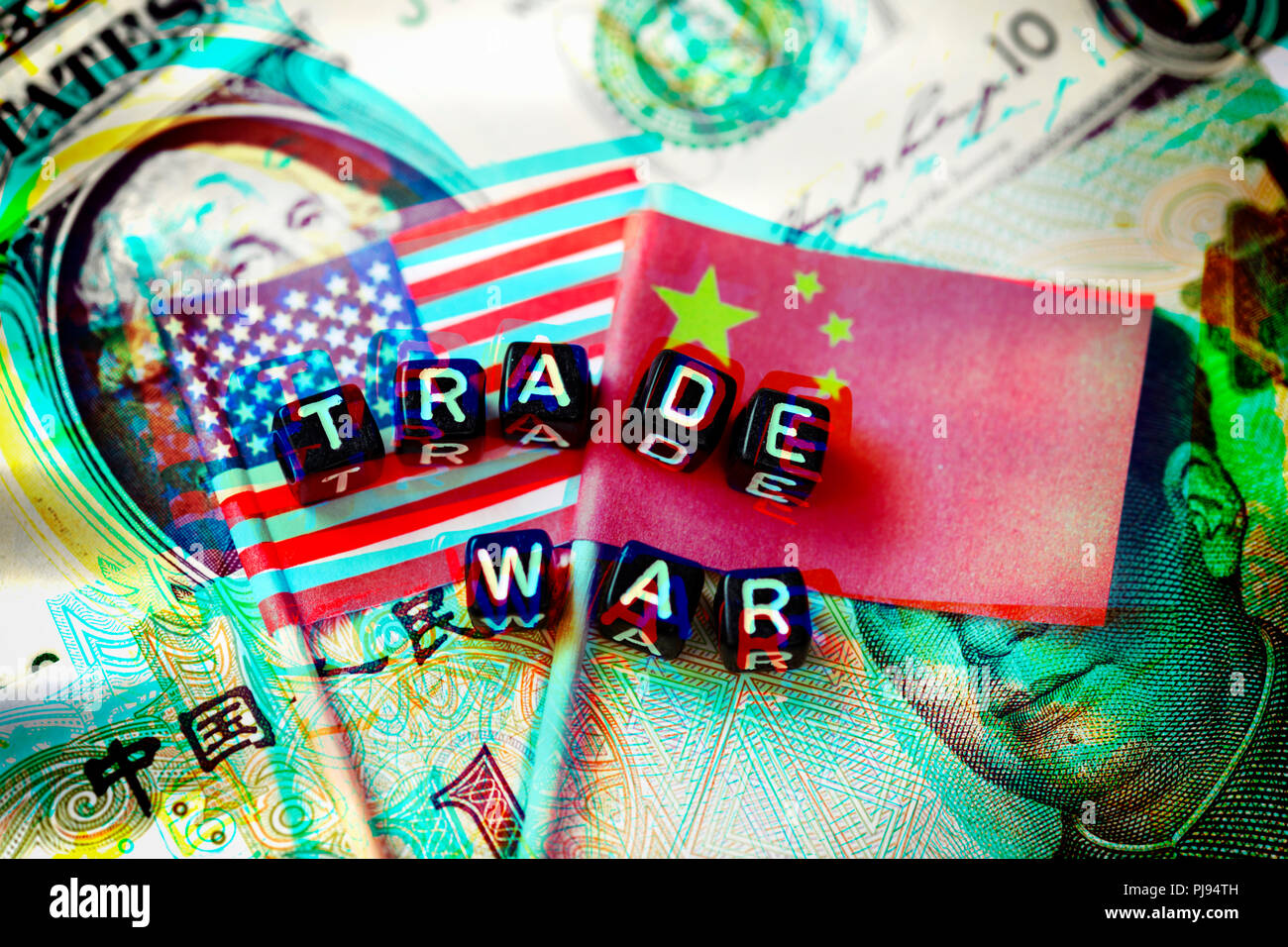 Flaggen der USA und China mit dem Handel, Gewerbe Krieg, Flaggen von USA und China mit dem Perkele Handelskrieg Handelskrieg, Stockfoto