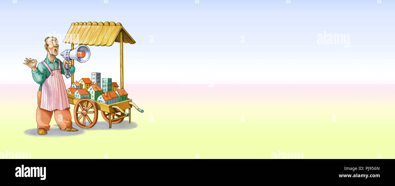 Immobilien und Haus verkauf Lustige Abbildung humorvoll cartoon Wirtschaft Konzept markt Verkäufer Stockfoto