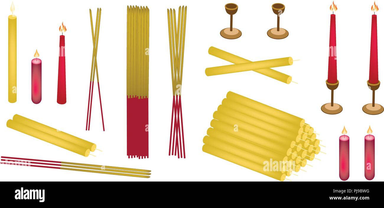 Machen Sie Verdienst Objekte, Illustration von sortierten Kerze, Kerzenständer und Räucherstäbchen, Isolated on White Background. Stock Vektor