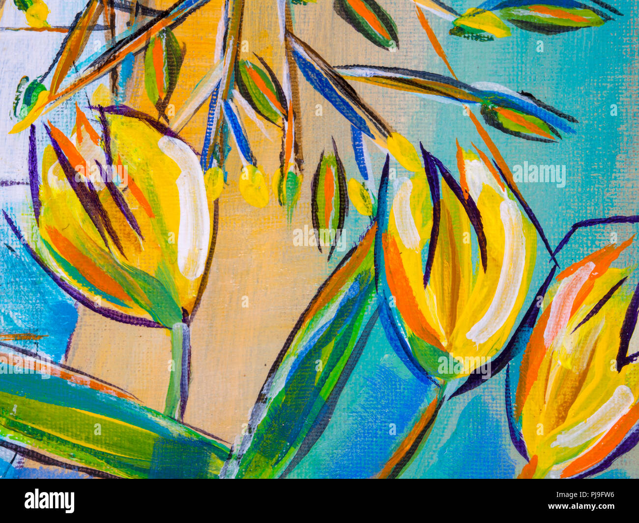 Details zu Acryl Gemälde zeigen, Farbe, Texturen und Techniken. Abstrakte expressionistische Gelbe Tulpe Blüte Stockfoto