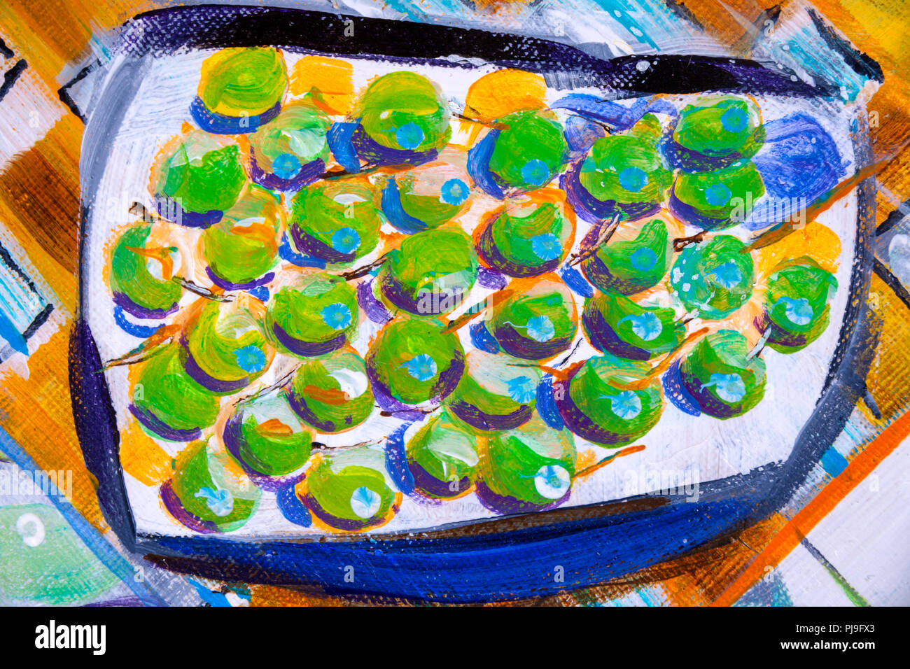 Details zu Acryl Gemälde zeigen, Farbe, Texturen und Techniken. Abstrakte expressionistische Trauben auf einem Teller. Stockfoto