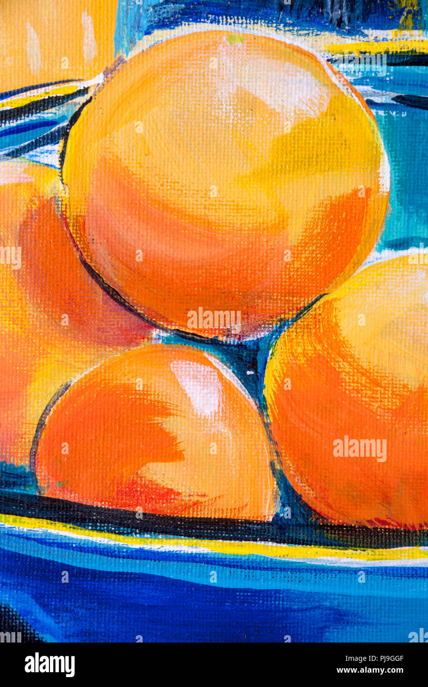 Details zu Acryl Gemälde zeigen, Farbe, Texturen und Techniken. Nahaufnahme Detail einer Obstschale mit Orangen. Stockfoto