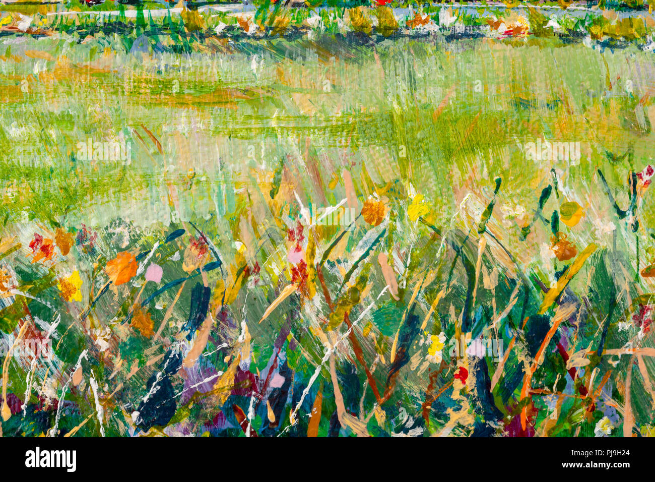 Details zu Acryl Gemälde zeigen, Farbe, Texturen und Techniken. Wiese mit Wildblumen Grenzen. Stockfoto