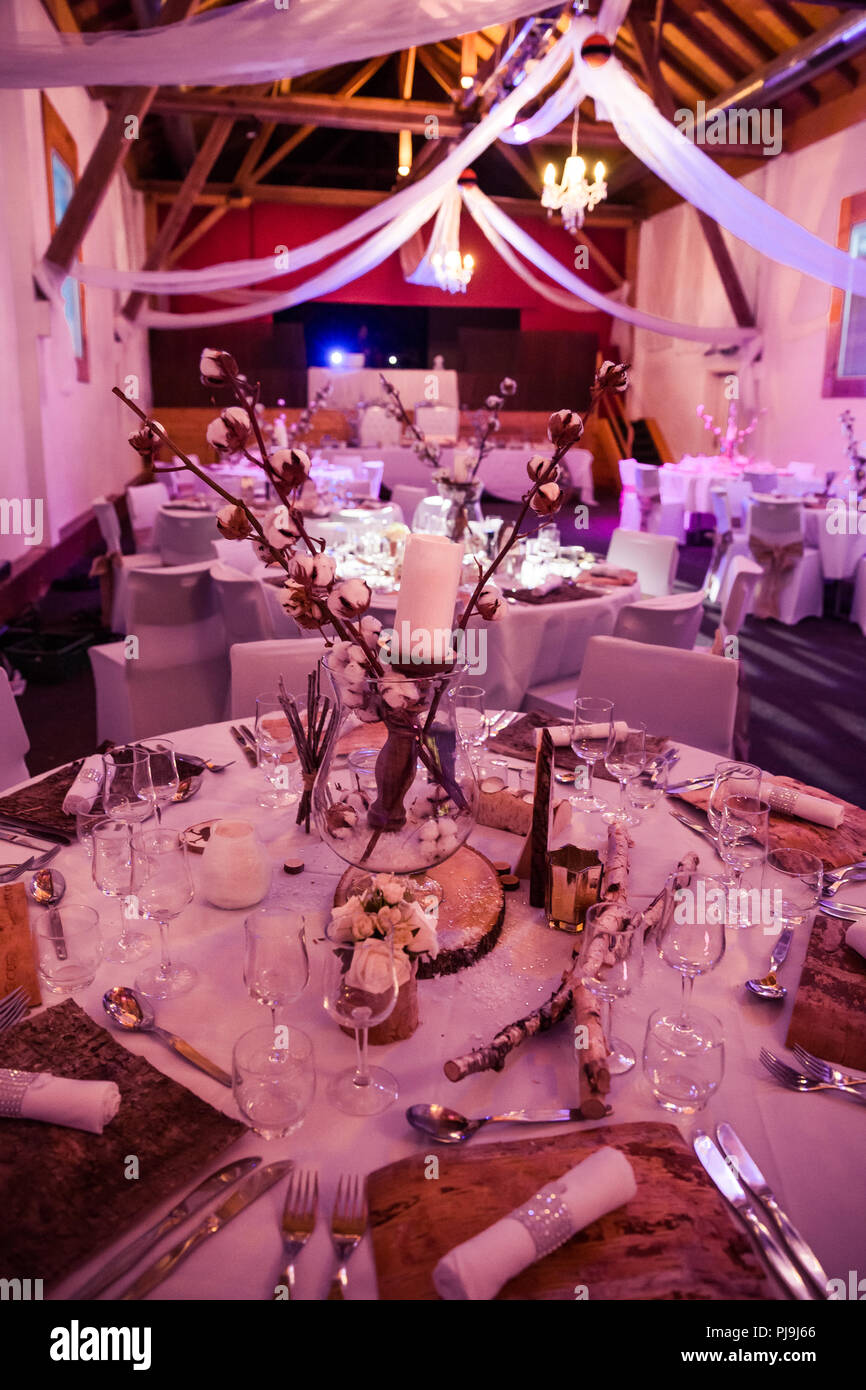 Winter themed Hochzeit Tischdekoration in Rosa Beleuchtung Stockfotografie  - Alamy