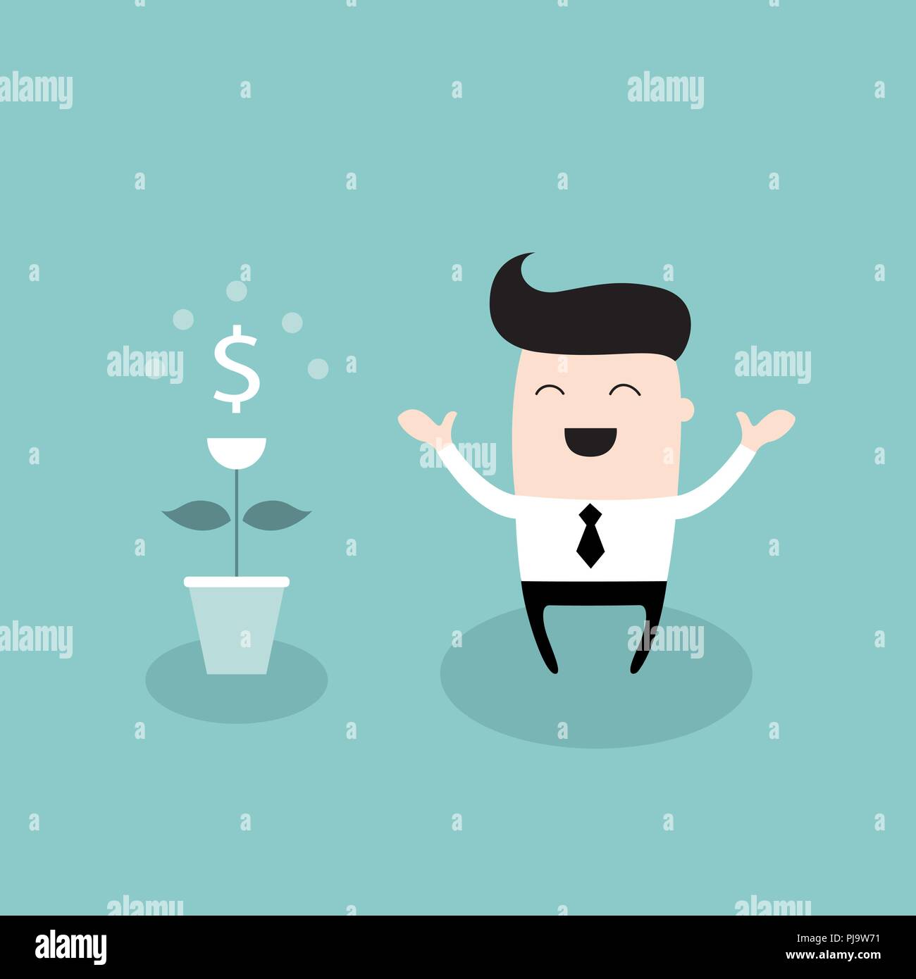 Happy Geschäftsmann mit Dollar Plant Growing Money Tree Erfolgreiches Geschäftskonzept Stock Vektor