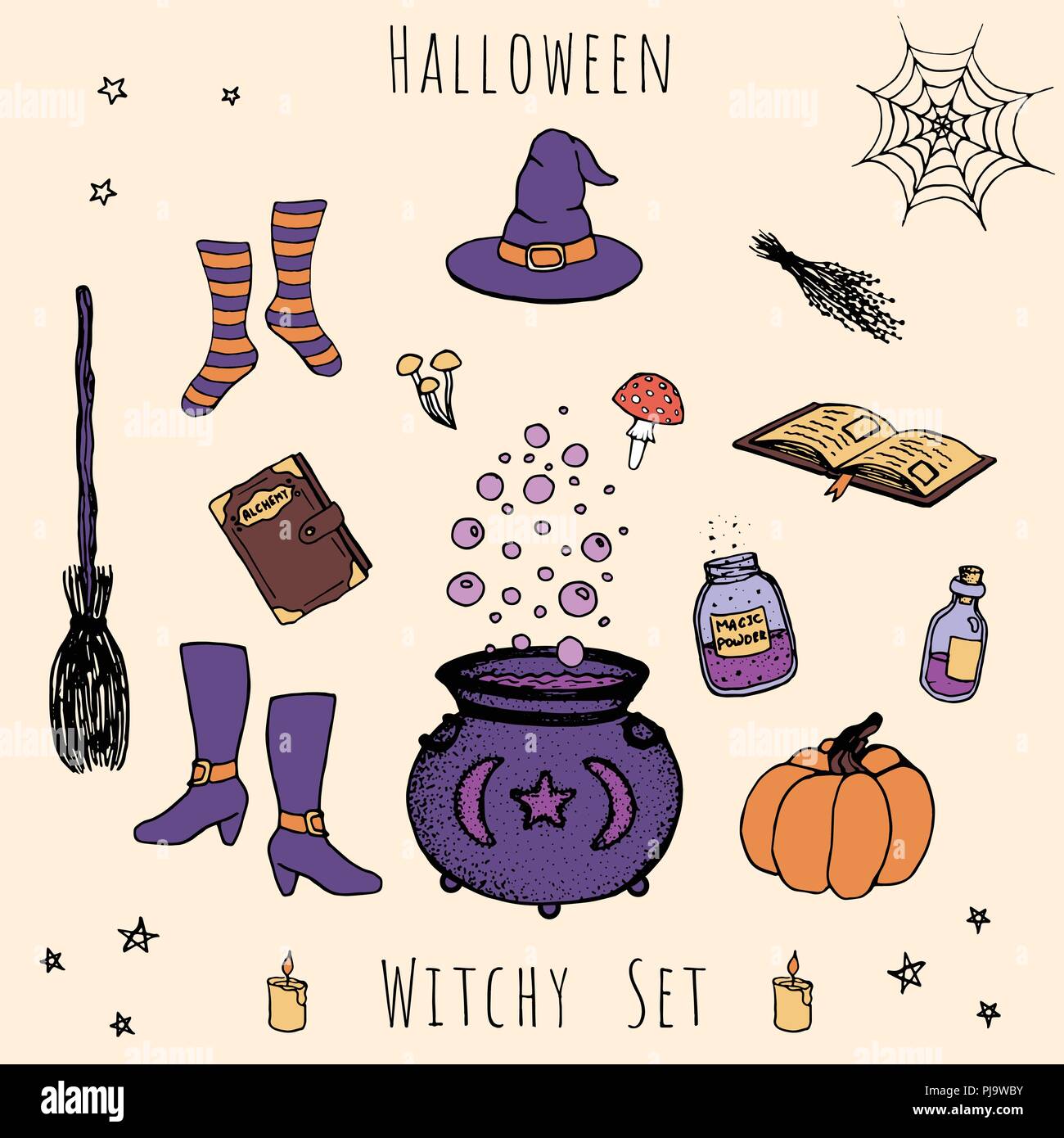 Bunte Reihe von Hand gezeichnet Vector Halloween Elemente. Mit Übersicht der Tränke, Fläschchen, Kräuter, Bücher, Pilze, Kessel mit Blasen, Kürbis, witc Stock Vektor