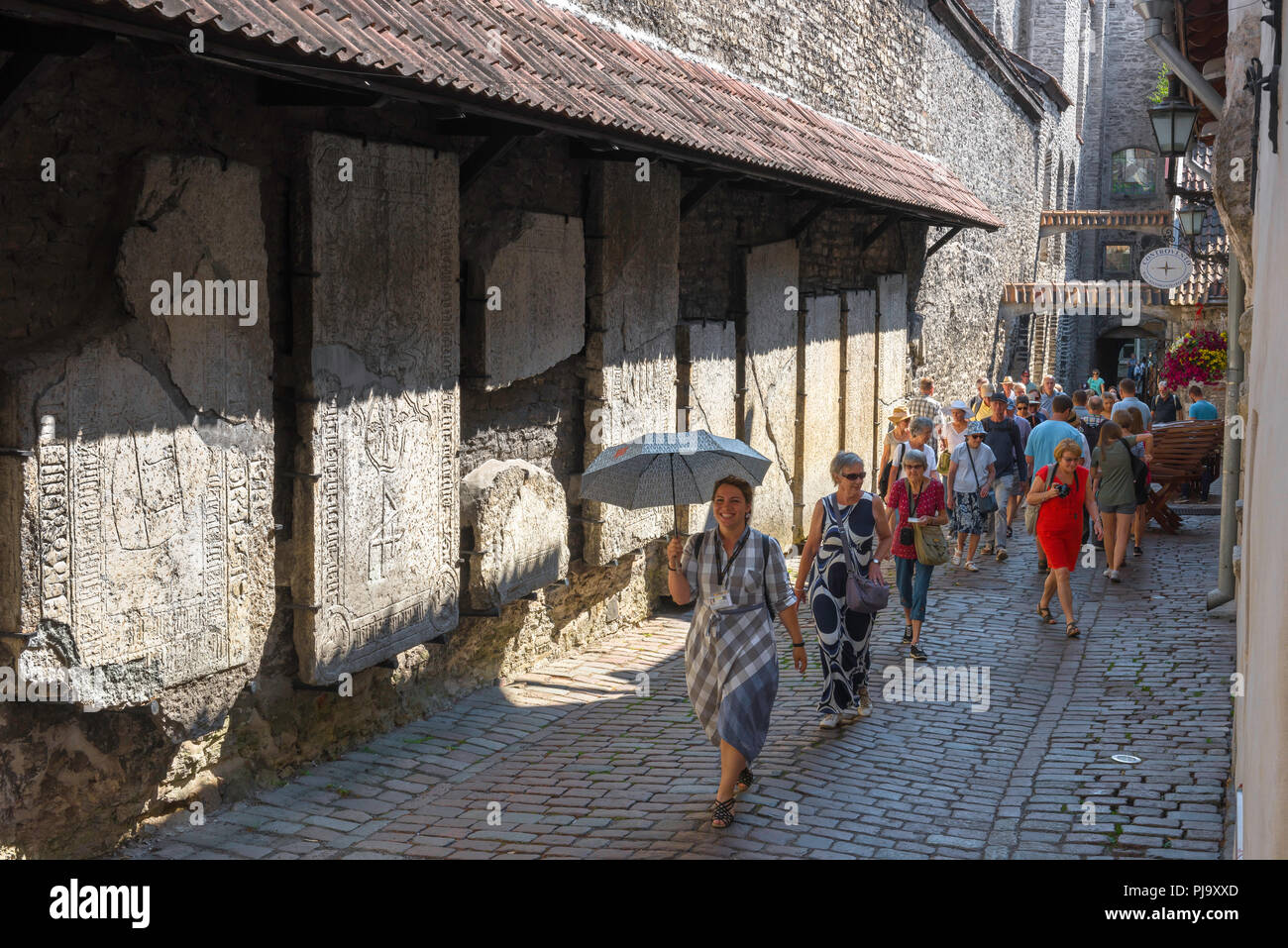 Tallinn Tourismus, ein Reiseleiter führt eine Gruppe von Touristen Vergangenheit riesige mittelalterliche Grabsteine in Katarina kaik in der Altstadt von Tallinn, Estland. Stockfoto