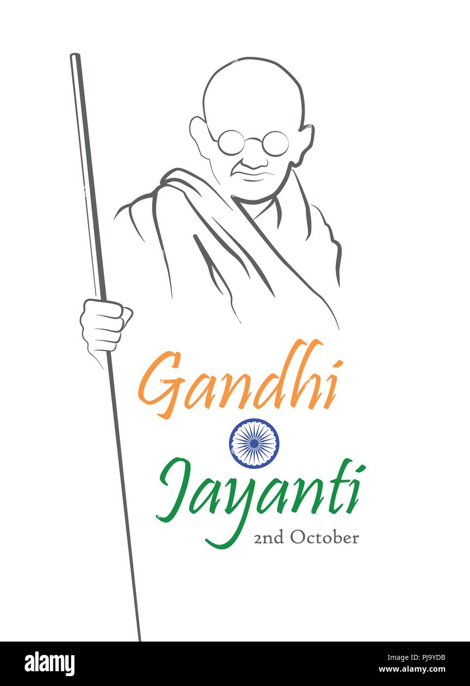 2. Oktober. Gandhi Jayanti. Abstrakte Skizze von Mahatma Gandhi mit Beschriftung in Form der indischen Flagge. Vector Illustration. Stock Vektor