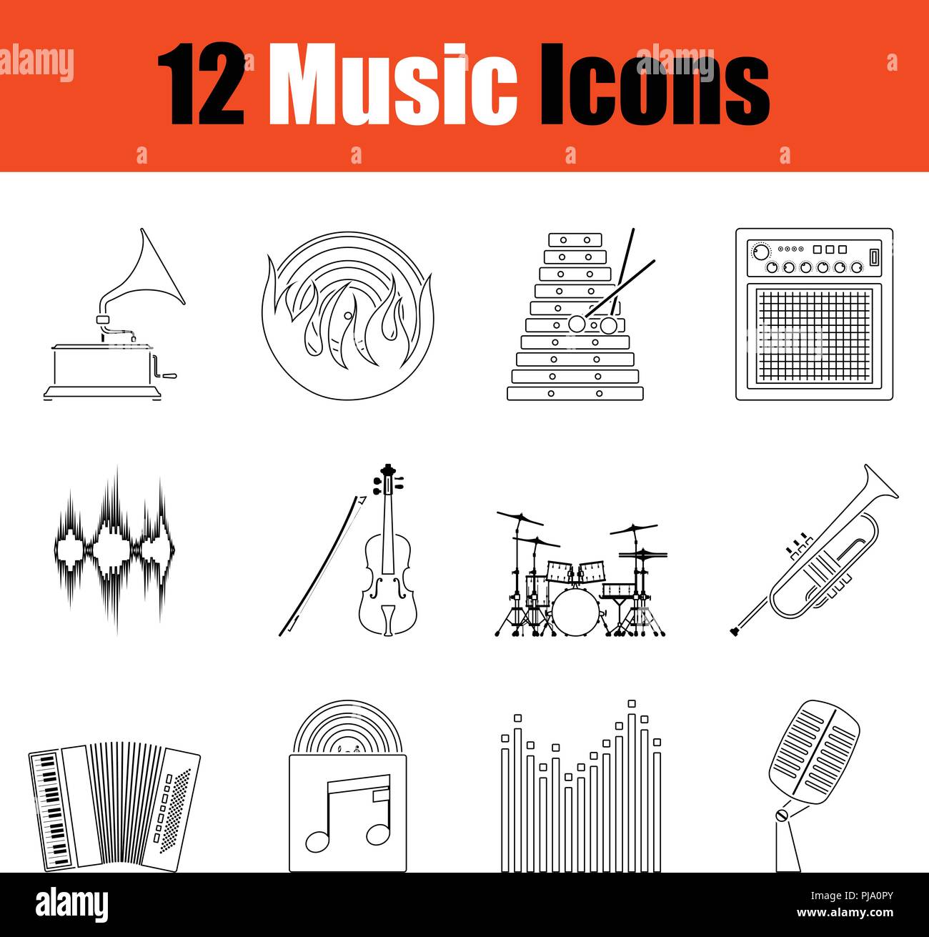 Satz musikalische Symbole.. Thin Line Design. Vector Illustration Stock