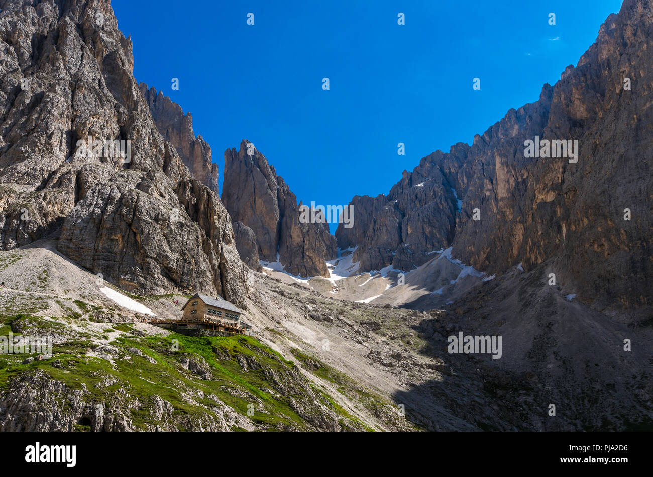 Langkofel Gruppe in Dolomiten, Italien. Rifugio Vicenza, Dolomiten, Südtirol, Südtirol Stockfoto