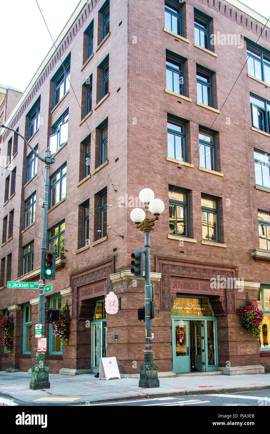 Schwabacher Hardware Co Gebäude in der Jackson St und 1st Ave in Seattle Washington USA Stockfoto