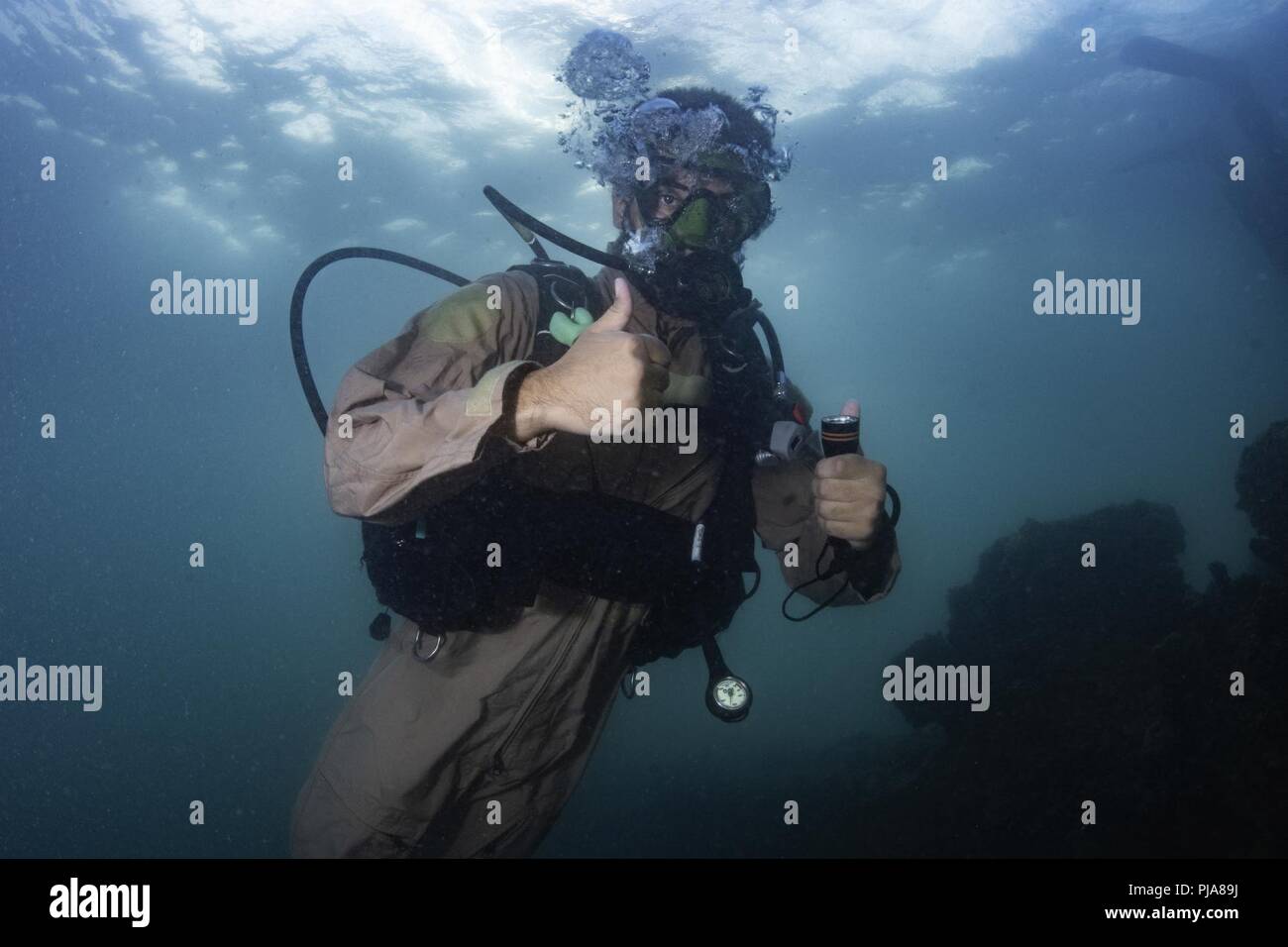 JOINT BASE Pearl Harbor - HICKAM, Hawaii (6. Juli 2018) die Royal Australian Navy Diver posiert für ein Foto bei einem Tauchgang an der USS Arizona Memorial am Joint Base Pearl Harbor-Hickam während der Rand des Pazifik (Rimpac) Übung. 25 Nationen, 46 Schiffe, 5 U-Boote, über 200 Flugzeuge und 25.000 Angestellte beteiligen sich an Rimpac vom 27. Juni bis 2. August in und um die hawaiischen Inseln und Südkalifornien. Die weltweit größte internationale maritime Übung RIMPAC bietet eine einzigartige Ausbildung während der Förderung und Erhaltung der kooperative Beziehungen unter den Teilnehmern Stockfoto