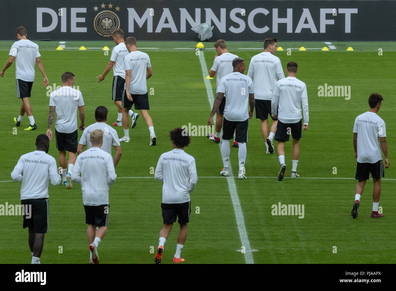 05. September 2018, Deutschland, München: Die deutschen Spieler nehmen teil an der abschließenden Training der Deutschen Fußball-Nationalmannschaft. Der Deutsche Fußball-Bund wird die Nationalmannschaft von Frankreich am 6. September 2018 treffen. Foto: Peter Kneffel/dpa Stockfoto