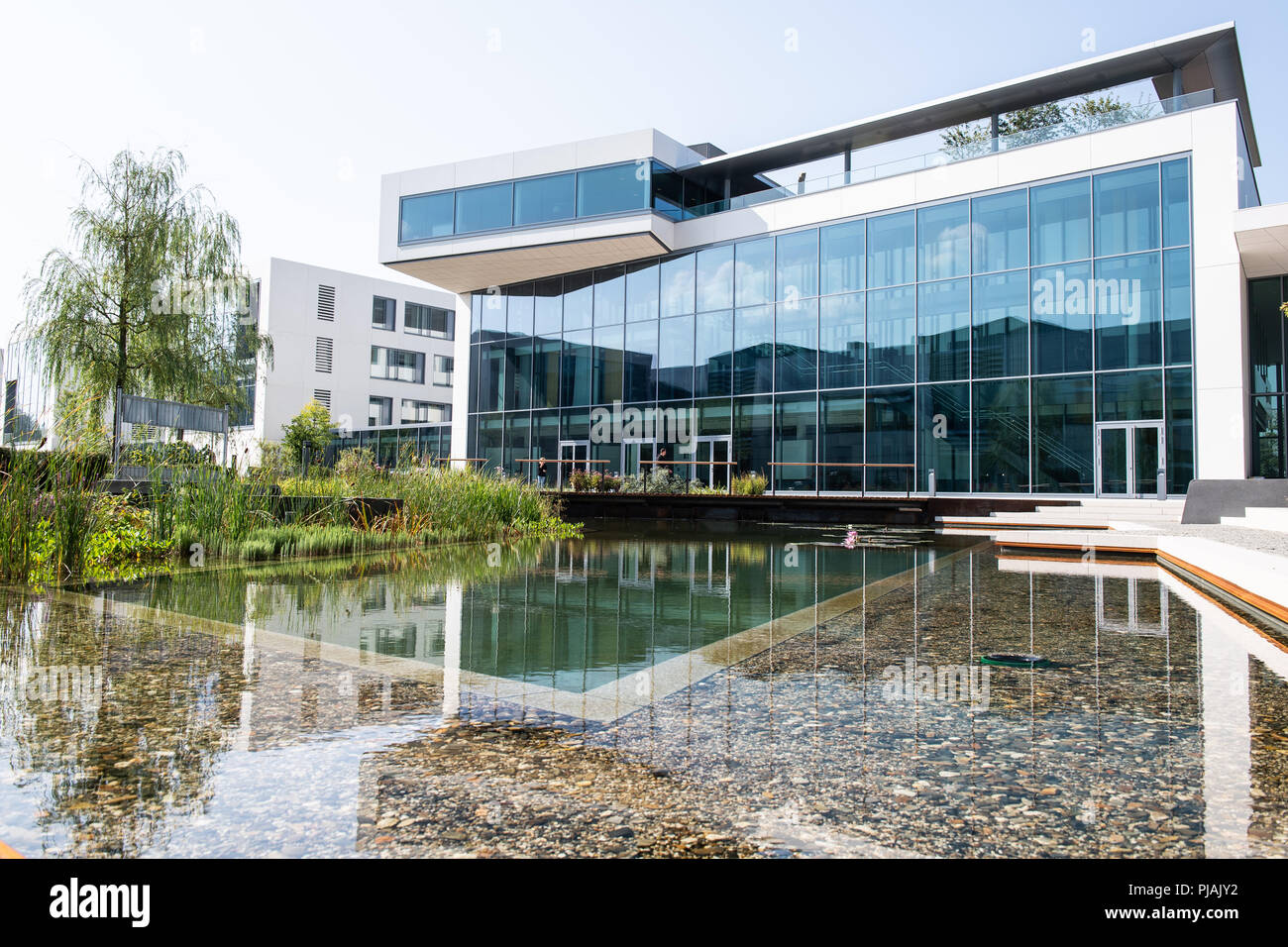 Göttingen, Deutschland. 05 Sep, 2018. 05.09.2018, Niedersachsen, Göttingen: einem Teich können vor einem Bürogebäude auf der Sartorius Campus gesehen werden. Die Sartorius AG ist ein international führender, Pharma und Labor. Credit: Swen Pförtner/dpa/Alamy leben Nachrichten Stockfoto