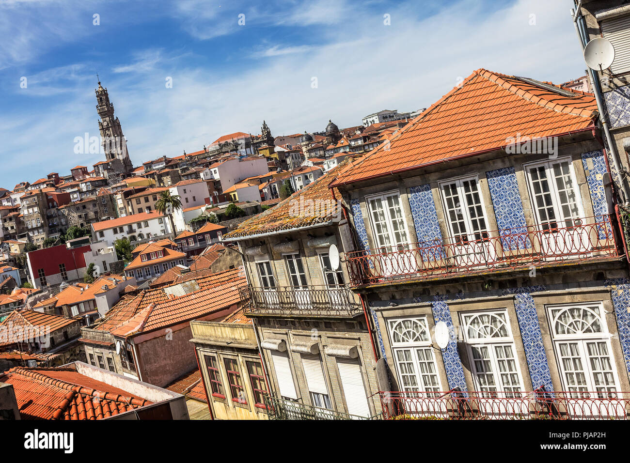 Aussicht auf das historische Zentrum von Porto, Portugal, von der Kathedrale, mit Torre dos Clérigos in Sicht. Stockfoto