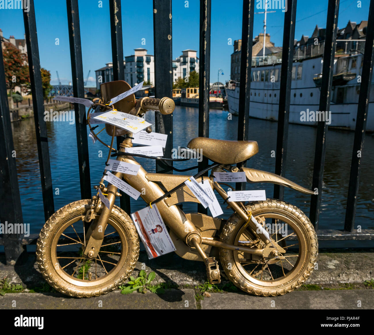 Meldung auf dem Fahrrad's Gold lackiert Kind, das Ufer, Leith, Schottland, UK, Leuchten für Gold September Kampagne von Krebs im Kindesalter zu erhöhen Stockfoto