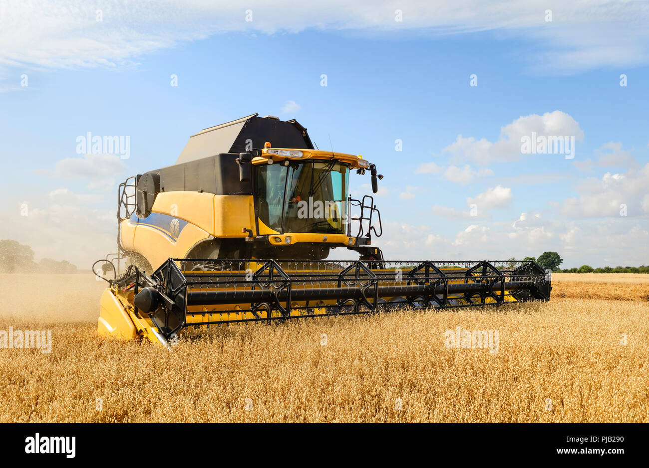 Moderne Maschinen Ernten ein Feld von Hafer auf einem hellen sonnigen Morgen im Sommer am 10. August 2018 in Beverley, Yorkshire, Großbritannien. Stockfoto