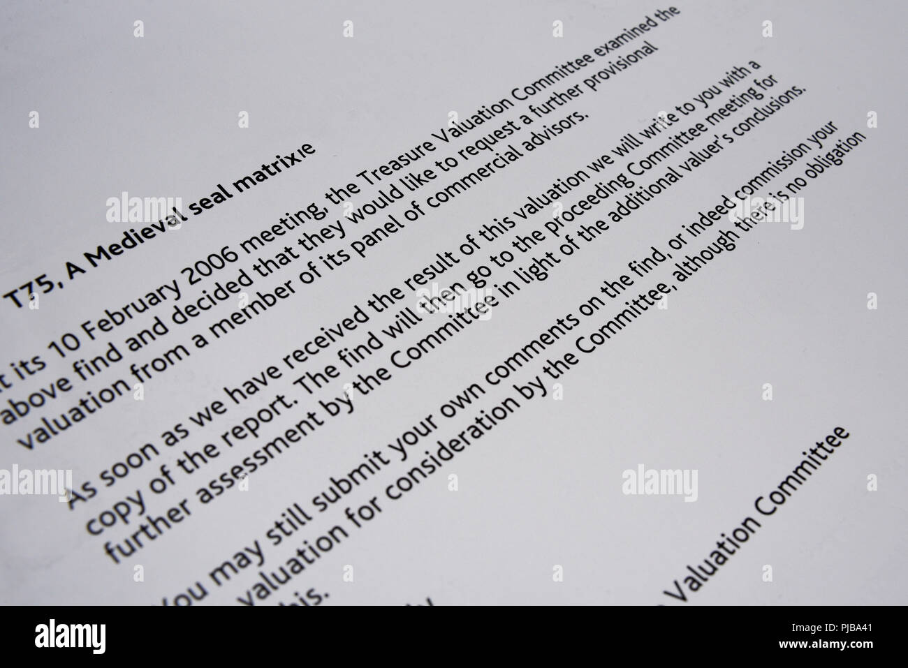Abteilung für Kultur, Medien und Sport, Museen und Kulturgüterabteilung Papierkram im Zusammenhang mit der Bewertung von Schatzfunden. British Museum. Brief Stockfoto