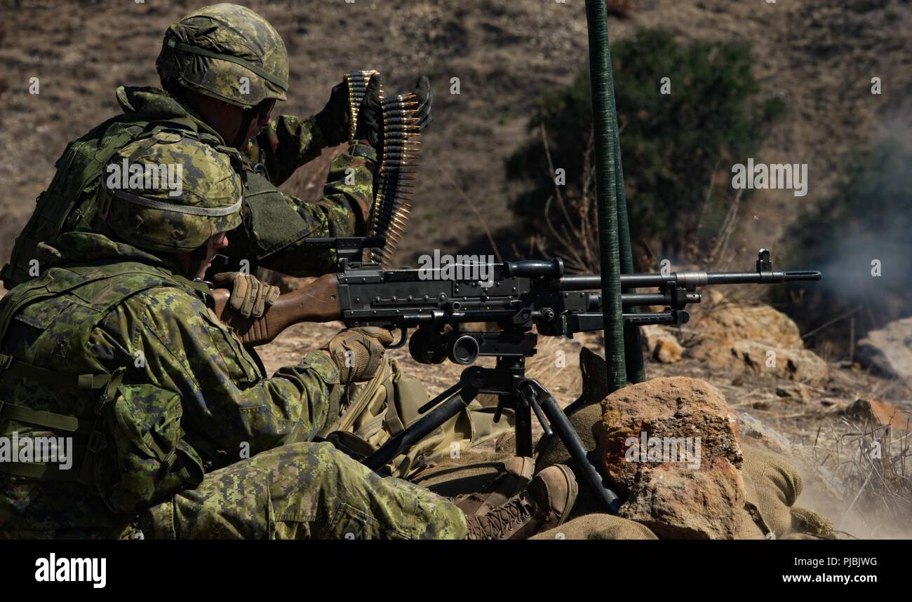 MARINE CORPS BASE CAMP Pendleton, Calif (6. Juli 2018) Die Mitglieder der Kanadischen 2. Bataillon Royal 22e Régiment Signal der Beginn eines Angriffs durch den C6 General Purpose Machine Gun feuern während einer Live-fire Übung im Bereich 208 Charlie während der Biennale der Pacific Rim (Rimpac) Übung im Marine Corps Base Camp Pendleton, Juli 6. 25 Nationen, 46 Schiffe, 5 U-Boote, über 200 Flugzeuge, und 25.000 Mitarbeiter beteiligen sich an Rimpac vom 27. Juni bis 2. August in und um die hawaiischen Inseln und Südkalifornien. Die weltweit größte internationale maritime Übung RIMPAC p Stockfoto