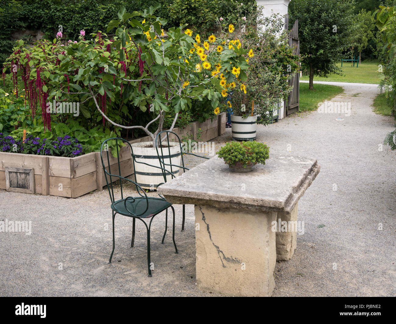 Steintisch Mit Blumen Und Stuhle Im Garten Steinboden Stockfoto